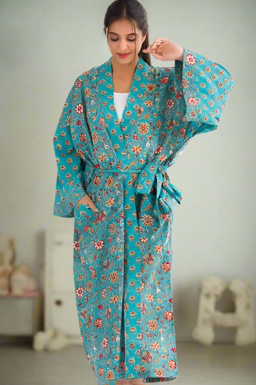 AQUAMARINE FLORAL COTTON ROBE
