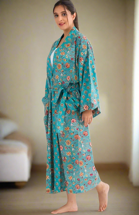 Aquamarine Floral Cotton Robe