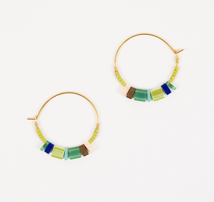 Green Tila Bead Hoop Earrings