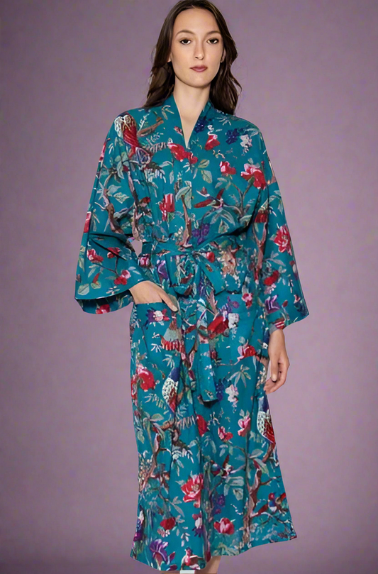 TEAL FLORAL COTTON ROBE