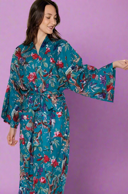 TEAL FLORAL COTTON ROBE