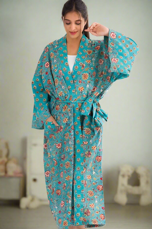 AQUAMARINE FLORAL COTTON ROBE