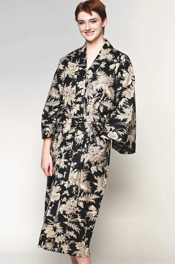 Beige On Black Floral Robe