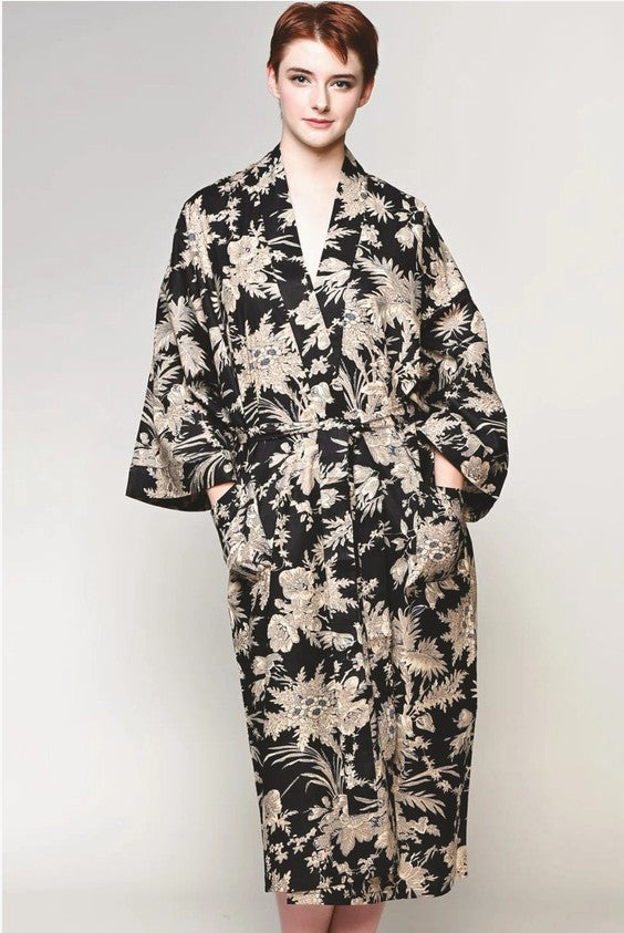 Beige On Black Floral Robe