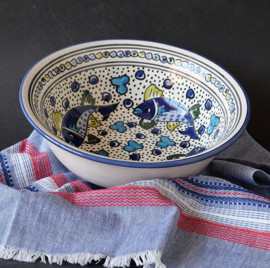 Blue Fish Hand Painted Serving Bowl